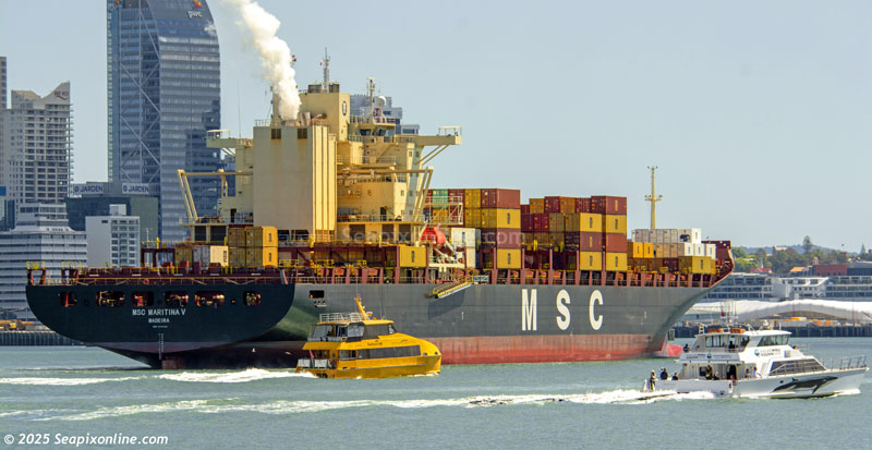 The maiden arrival into Auckland from Melbourne, Australia of the containership MSC MARITINA V (2005/IMO 9294408/51593gt/62994dwt/4533TEU/ex-MAERSK LAUNCESTON, DAL KALAHARI). 5 November 2025. Photo by Â© 2025 SeapixOnline.com